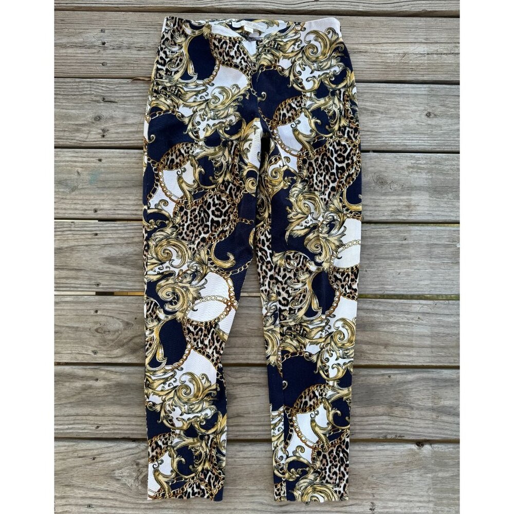 Boston Proper Print Pants Cotton Stretch Side Zip‎ Blue / Gold Sz 4 / m2